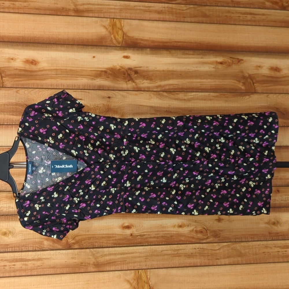 Modcloth Black Midi Dress with Purple and Cream Floral Print